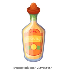 Tequila bottle with sombrero cap vector illustration. Cartoon refreshing Mexican alcohol liquor drink from tropical agave, isolated beverage for summer tequila party