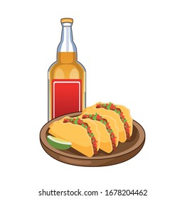 tequila bottle and tacos mexican icons vector illustration design
