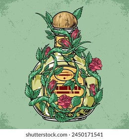 Tequila bottle vintage sticker colorful with flower entwining alcoholic drink for advertising design for liquor store website vector illustration