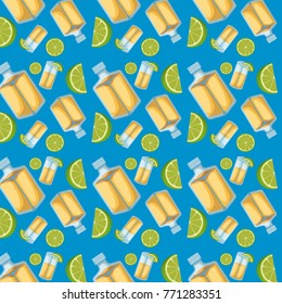tequila bottles and lemon sliced pattern in blue background