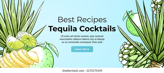 Tequila cocktail best recipes horizontal internet banner engraved vector illustration. Alcohol beverage cooking Mexican tradition ingredient with lemon lime landing page decorative design