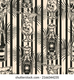 Tequila cocktail monochrome vintage pattern seamless alcoholic drinks in glasses with skulls and bottles booze for beach parties vector illustration