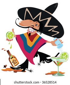 Tequila dance by happy Pedro. Squeezing lemon and salting. Some liquid on the floor. Bottle and glass of margarita drink.