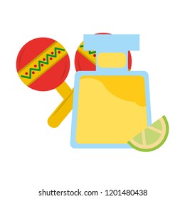 tequila drink bottle and maracas mexican