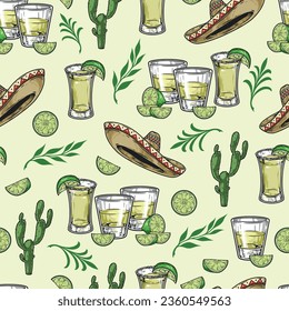 Tequila drink colorful pattern seamless with shot glasses filled with traditional Mexican beverage near hats and lime slices vector illustration