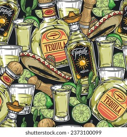 Tequila drink colorful seamless pattern with mexican alcohol in bottles near shots with lime slice and sombrero vector illustration