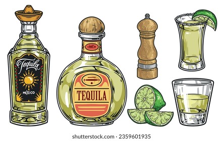 Tequila drink colorful set emblems with bottle and glasses for drinking Mexican beverage and lime with salt vector illustration