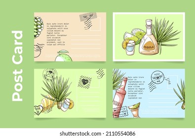 Tequila drink postcard collection vector engraved illustration. Traditional Mexican alcohol beverage with lemon and lime in bottle mail card blank decorative design with post stamp and place for text