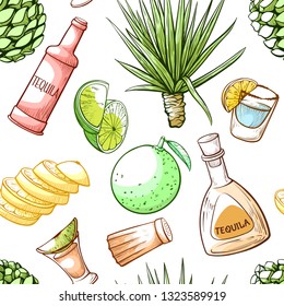 Tequila drink seamless pattern, beverage bar decoration. Mexican alcoholic spirit made from an agave. Vector illustration on white background