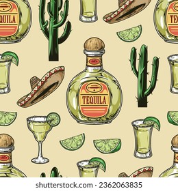 Tequila drink seamless pattern colorful with Mexican alcohol bottle near glassfuls with lime slices and cacti with hats vector illustration