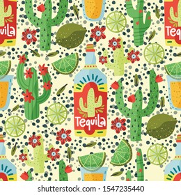 Tequila drink vector seamless pattern. Mexican alcohol traditional short with lime cactus and flowers.