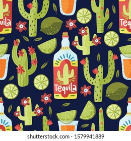 Tequila Drink Vector Seamless Pattern. Mexican Alcohol Traditional Short With Lime Cactus And Flowers.