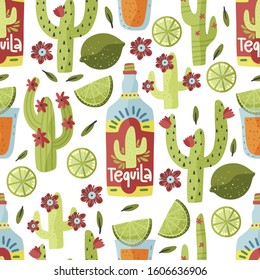 Tequila drink vector seamless pattern. Mexican alcohol traditional short with lime cactus and flowers.