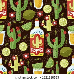 Tequila drink vector seamless pattern. Mexican alcohol traditional short with lime cactus and flowers.