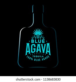 Tequila Emblem. Blue Agave Tequila Logo. Blue Vintage Letters And Agave Plant On Dark Background.