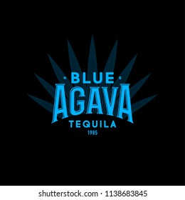 Tequila emblem. Blue Agave Tequila logo. Blue vintage letters and agave plant on dark background.