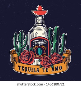 Tequila Festival Colorful Vintage Concept With Cactuses Tequila Bottle And Roses On Dark Background Isolated Vector Illustration