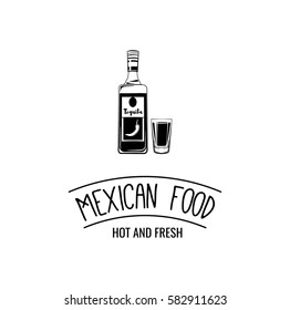 Tequila Glass and Botlle. Alcohol Drink Vintage vector Elements. Isolated On White Background