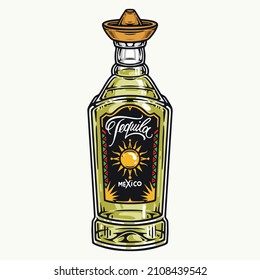 Tequila glass bottle with cover in shape of sombrero and label with sun drawing, mexico concept, vector illustration