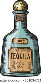 Tequila glass bottle engraving. Mexican alcohol drink