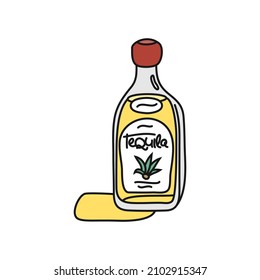 Tequila Glasflasche Umriss Symbol auf weißem Hintergrund. Farbige Cartoon-Skizze-Grafikdesign. Doodle-Stil. Handgezeichnetes Bild. Party-Drinks-Konzept. Freehand Zeichnen Stil. Vektorgrafik.
