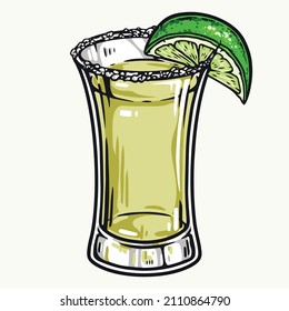 Tequila in glass decorated with lime slice and salt on rim in colorful vintage style, vector illustration