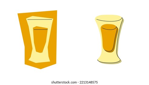 Tequila glass on white background. Cartoon sketch graphic design. Flat style. Colored hand drawn image. Party drink concept for restaurant, cafe. Freehand. Two kinds of illustration. Conditional image