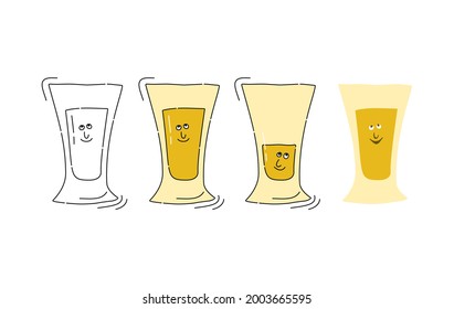 Cristalería de Tequila con cara sonriente sobre fondo blanco. Dibujo gráfico de dibujos animados. Estilo Doodle con línea de contorno negro. Cristal dibujado a mano. El concepto de las bebidas de fiesta. Estilo de dibujo a mano alzada de Kawaii.
