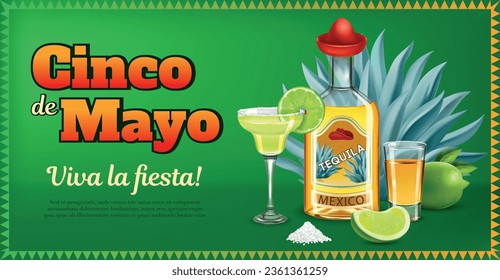 Tequila horizontal ads poster decorated with blue agave and bottle with lid in form of mexican sombrero realistic vector illustration