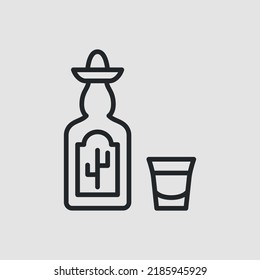 Tequila icon. Lined bottle with cactus label, sombrero and shot glass for social media, web and app design. Vector illustration 