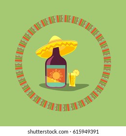 Tequila icon. Mexican poster concept. Fancy flat style. Round decorative ornate frame. Bottle, shot glass alcohol, lime lemon. Sombrero traditional symbol of Mexico. Vector fiesta emblem background