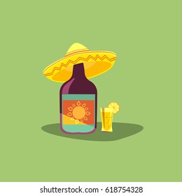 Tequila icon. Mexican poster concept. Fancy flat style. Decorative ornate on bottle and sombrero, shot glass alcohol, lime lemon. Traditional symbols of Mexico. Vector fiesta emblem background