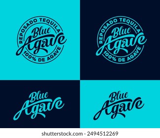 Tequila label. Blue Agave Tequila emblem. Hand Draw lettering and  letters on circle. Lettering composition.