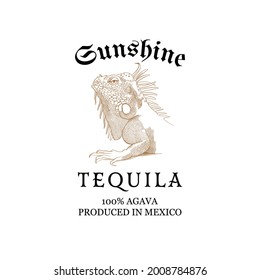 Tequila label design with iguana drawing