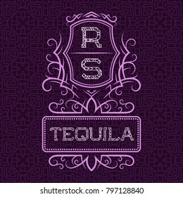 Tequila label design template. Patterned vintage monogram with text on seamless pattern background.