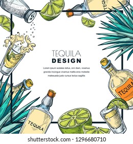 Tequila Label Design Template. Sketch Vector Illustration Of Bottles, Shot Glass, Lime And Agave. Bar Menu White Frame Background.