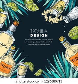 Tequila Label Design Template. Sketch Vector Illustration Of Bottles, Shot Glass, Lime And Agave. Bar Menu Black Frame Background.