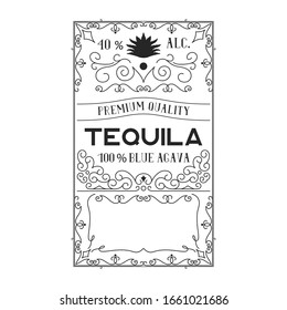 Tequila label. Vintage alcohol frame for bottle with lettering. Border for drink bar menu.