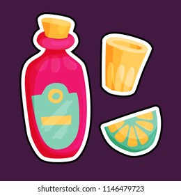 Tequila, lime and little glass icons set. Mexican drinks cartoon illustrations