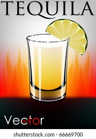 Tequila with lime and salt  on fire background