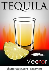 Tequila with lime and salt  on fire background