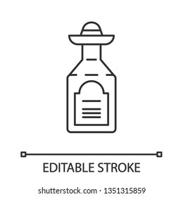 Tequila linear icon. Mexican strong alcoholic drink. Bottle with sombrero bung. Thin line illustration. Contour symbol. Vector isolated outline drawing. Editable stroke