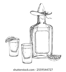 Tequila liquor alcohol bottle in sombrero, shot glasses with lime citrus slice. Vodka whisky cocktail. Hand drawn ink vector isolated illustration. Design travel, vacation brochure, shop, bar pub menu