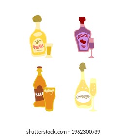 Tequila liquor beer champagne bottle and wineglass on white background. Cartoon sketch graphic design. Doodle style. Hand drawn image. Party drinks concept. Freehand drawing style. Vector.
