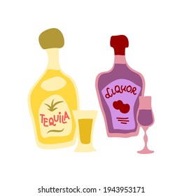 Tequila and liquor bottle and wineglass on white background. Cartoon sketch graphic design. Doodle style. Hand drawn image. Party drinks concept. Freehand drawing style. Vector.
