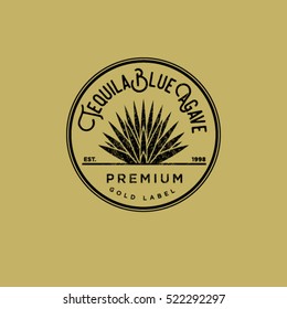 Tequila Logo. Gold Tequila Label. Blue Agave Premium Tequila.