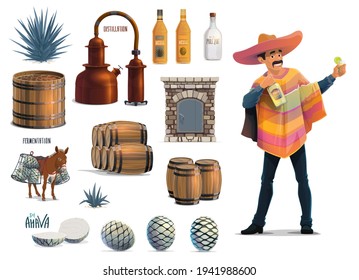 Tequila making, Mexican agave alcohol drink production, vector equipment icons. Tequila traditional handmade factory process and making tools, thona oven and agaumiel mill, mule and agave pina cones