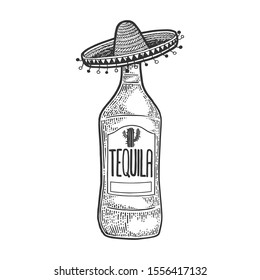 Tequila in mexican sombrero hat sketch engraving vector illustration. T-shirt apparel print design. Scratch board style imitation. Black and white hand drawn image.