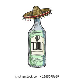 Tequila in mexican sombrero hat sketch engraving vector illustration. T-shirt apparel print design. Scratch board style imitation. Black and white hand drawn image.