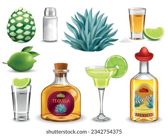 Tequila mexican strong alcoholic beverage in bottles and glasses realistic set isolated vector illustration